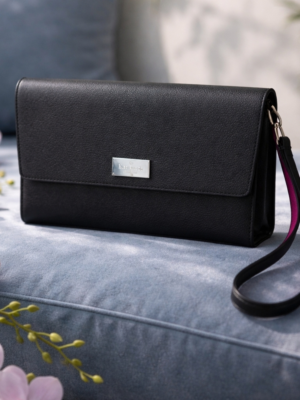 Kate Spade black leather clutch black and hot pink